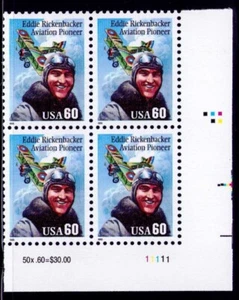 US Eddie Rickenbacker 60c Stamp Plate Block of 4 Scott #2998 - Picture 1 of 2