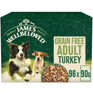 96 x 90g James Wellbeloved Grain Free Adult Wet Dog Food Turkey in Gravy Pouch - Picture 1 of 11