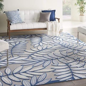 Nourison Aloha Indoor/Outdoor Ivory/Navy 9' x 12' Area Rug Easy Cleaning Non - Picture 1 of 9