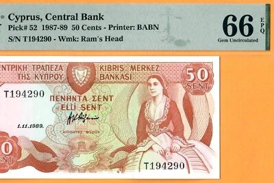CYPRUS-50 CENTS-1989-PICK 52-SERIAL NUMBER 194290 **PMG 66 EPQ GEM UNC** - Image 1 of 3