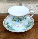 Queen Anne Bone China Blue Daisies Teacup And Saucer Gold Floral