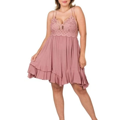 Zenana пыльный розовый кружева мини Кокетливое платье, женщин 1 X кроссовер ремни Y2K - Изображение 1 из 4