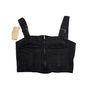 Neu mit Etikett Love Trends schwarz Denim Y2K bauchfreies Oberteil Reißverschluss vorne verstellbarer Träger Größe M - Bild 1 von 6