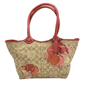 Coach Bleecker Signature Jacquard Pink Floral Applique Shoulder Bag F16276 Khaki - Picture 1 of 23