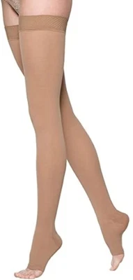 Medias opacas hasta el muslo Sigvaris Essential, punta abierta, banda de puntos, 20-30 mmHg (tamaño Foto 1 de 3
