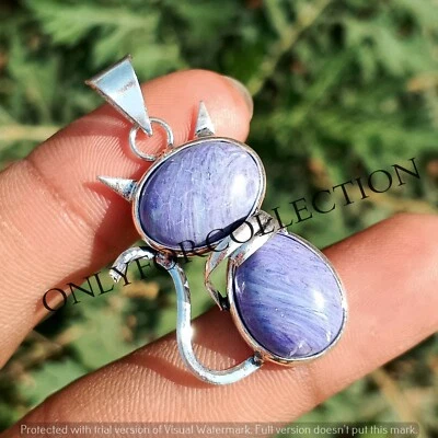 Exclusivo colgante de gato de 1 pieza con piedras preciosas Charoite púrpura enchapado en plata de ley 925 Foto 1 de 3