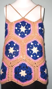 New Handmade Crochet Size XL (38 In) Brown African Flower Hexagon Blouse Tops - Bild 1 von 4