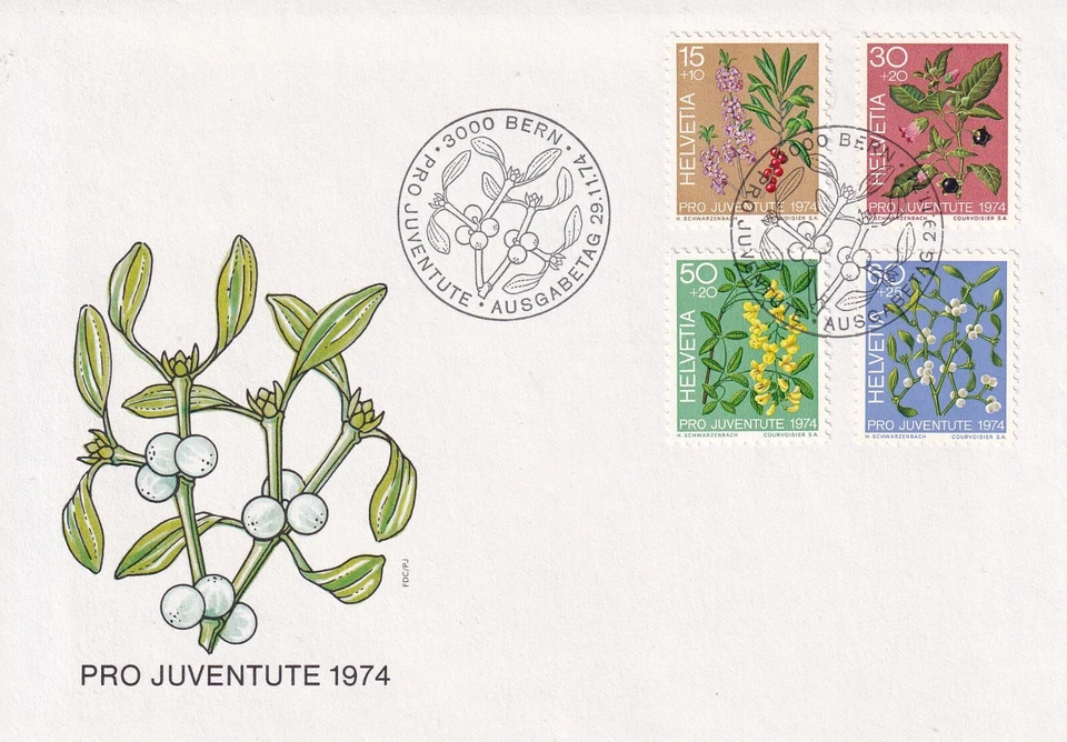 SWITZERLAND 1974 FIRST DAY COVER, FLOWERS LAUREL, BELADONNA, LABURNUM, MISTLETOE - Image 1 of 1