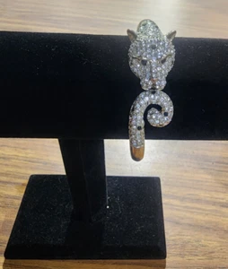 Vintage Gold Tone Jeweled Rhinestone Panther 1980’s Hinged Bangle Bracelet - Picture 1 of 5