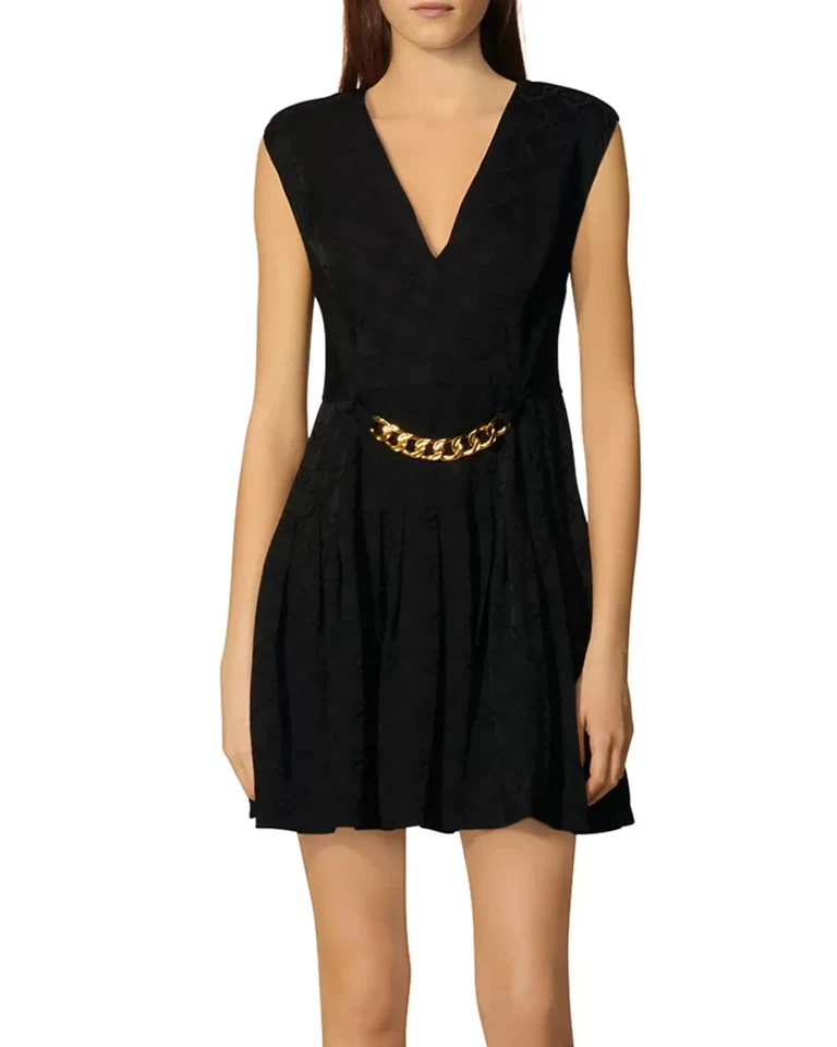 SANDRO Paris Aurea chain detail pleated satin-jacquard mini dress sz 38