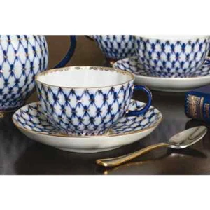 Set tazza da tè e piattino rete cobalto Lomonosov LFZ porcellana russa oro blu IPM - Foto 1 di 20