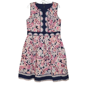 Talbots Sleeveless Dress 14P Fit Flare Navy Blue Pink Cotton Boho Paisley Floral - Picture 1 of 4