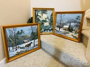 Lot of 3, Vintage Acrylic Paintings Drawings Framed Canvas Pictures- EUC!! - Picture 1 of 24