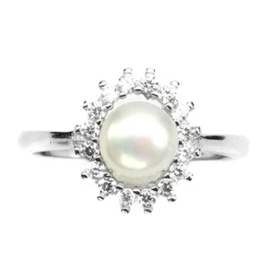 Anillo De Perla Blanca Simulada De 7Mm En Plata Esterlina 925 Con Circonitas - Imagen 1 de 11