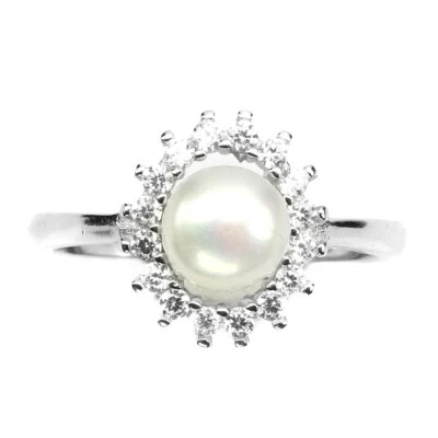 Anillo redondo de plata de ley 925 con perlas blancas de 7 mm circonita simulada blanca Foto 1 de 4