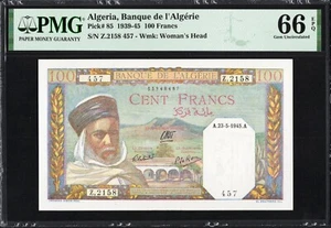 Algeria 100 Francs P85 1939-45 WW2 PMG66 Gem UNC EPQ Algerian Banknote BEAUTIFUL - Picture 1 of 2