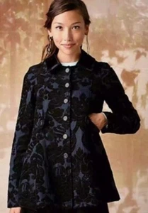 Free People Brocade Newsroom Coat Size 4 Navy Blue Black Velvet Damask - Picture 1 of 12
