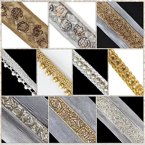Cuentas de plata/oro 4M corte borde Zari coser borde sari encaje Dupatta - Imagen 1 de 41