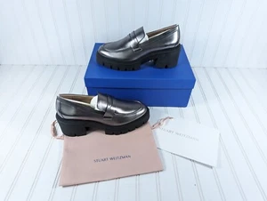 Stuart Weitzman Soho Leder-Loafer metallisch grau Damen 9B neu im Karton kostenloser Versand - Bild 1 von 13