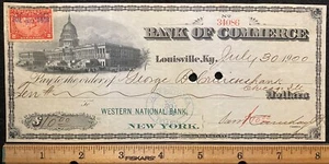 1900 **BANK OF COMMERCE** BANK CHECK+{{LARGE}} GRAPHIC VIGNETTE+SC# R164 STAMP! - Picture 1 of 12