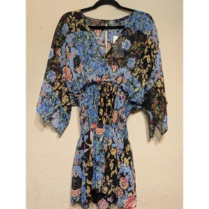 Zara Floral Mini Dress Smocked Waist Kimono Sleeve Bohemian Size Small - Picture 1 of 4