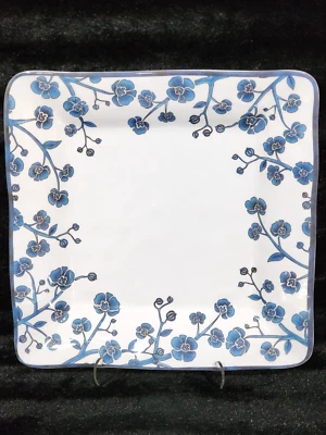 4 Platos de Cena Cuadrados de Melamina Floral Azul Marino Blanco 11" Verano Primavera Exterior Foto 1 de 4