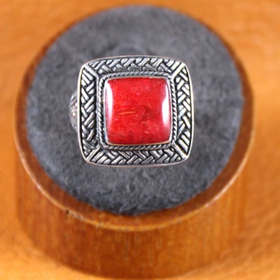 Anillo llamativo marco trenzado CORAL ESPONJA rojo natural plata de ley talla 8,25 Foto 1 de 4