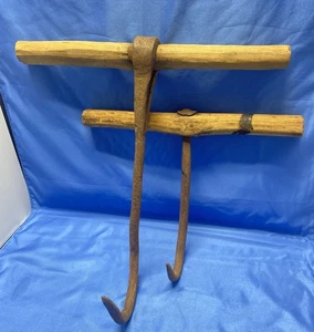 Antique Vintage Hay Meat Hook Cast Iron Wood Handle Farm Tool Country Unique Lot - Picture 1 of 10