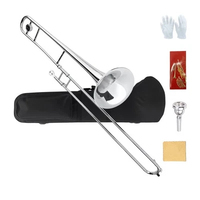 Bb Tenor Slide Trombone B Flat Brass Trombone Nickel Plated with Case Mouthpiece - Image 1 of 4