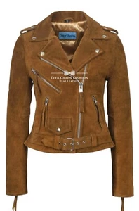 Damas Brando TAN Hide Motocicleta Clásica Genuina Impresionante Chaqueta de Gamuza Real MBF - Imagen 1 de 6