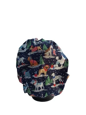 Bouffant surgical scrub hat cap women blue winter dogs snow Christmas holidays  - Image 1 of 3