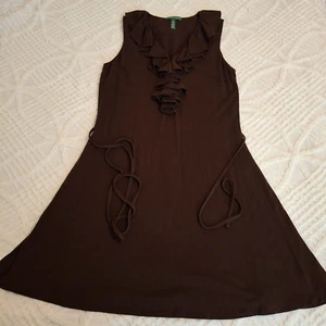 Ralph Lauren 2x Brown Ruffled Midi Sleeveless Dress Chocolate Brown Stretch - Picture 1 of 13
