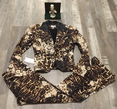 Alberto Makali Black & Leopard Print 2pc Long Jacket and Pant Suit SET 2 New - Image 1 of 4