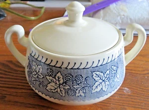 Vintage White Blue Sugar Bowl & Cover Handles Blue Leafs Leaves Berries - Picture 1 of 17