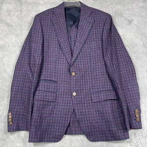 Scabal Blazer Herren 40R 100% reines Leinen Sakko blau rot kariert Chirurgen Bündchen - Bild 1 von 17