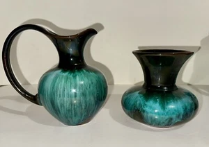 VTG Blue Mountain Pottery Drip Vase And Pitcher/Planter LOT OF 2 Blue/Teal - Picture 1 of 10