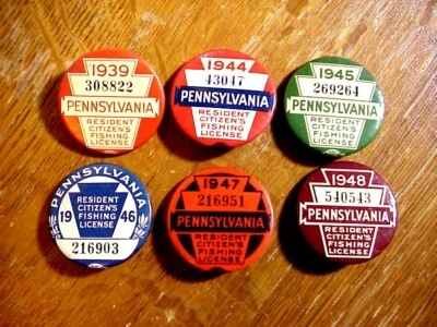 6 BOTONES DE LICENCIA DE PESCA RESIDENTE DE PENSILVANIA 1939 1944 1945 1946 1947 1948  Foto 1 de 2