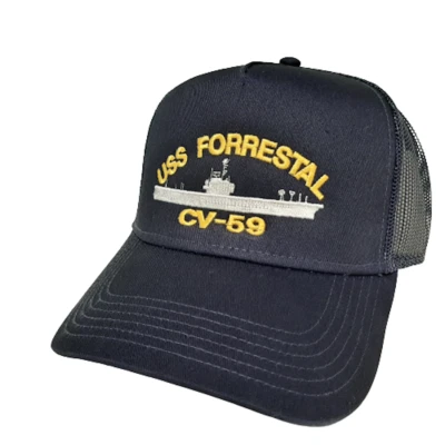 Gorra de béisbol bordada USS Forrestal CV-59 de la Marina de los Estados Unidos con cierre a presión azul marino Foto 1 de 4