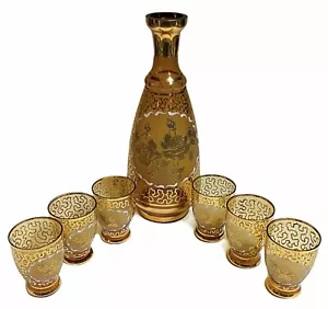 Decantador de vidrio ámbar de Bohemia patrón rosa + seis tazas a juego vintage - Imagen 1 de 12