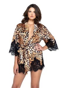 Robe Women's Plus Size Leopard Print Satin Black Lace Short Cover up Kimono - Picture 1 of 3