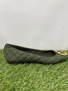 Tory Burch Reva Quinn Green Quilted Ballet Flats Gold Logo Plate Women's Size 5 - Picture 1 of 9