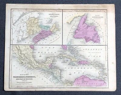 1844 D.F. Mapa Antiguo Robinson Escuela Olney Atlas Nuevo Brunswick Terranova Foto 1 de 3