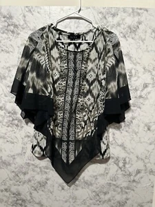 B.L.E.U Blouse Womens Medium Short Sleeve Layered Chiffon Crew Neck Black White - Picture 1 of 10