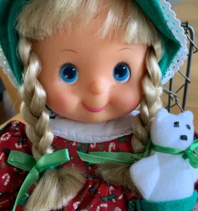 Stuffed Candy Cane Lane Christmas Doll w/ Cherub Face, Blond Braids & Teddy Bear - Picture 1 of 7