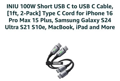 INIU Short USB C to USB C Cable 1ft 2-Pack 100W Type C Cord for iPhone 16 Pro... - Image 1 of 4
