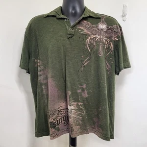 Resurge Poloshirt Herren Gr. L Kurzarm Grün Grafik Tattoo Kreuz Flügel   - Bild 1 von 11