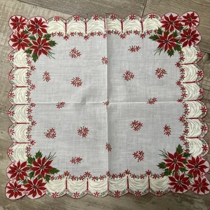 Vintage Hankie Christmas POINSETTIA Scalloped Edge Handkerchief Red Green White - Picture 1 of 7