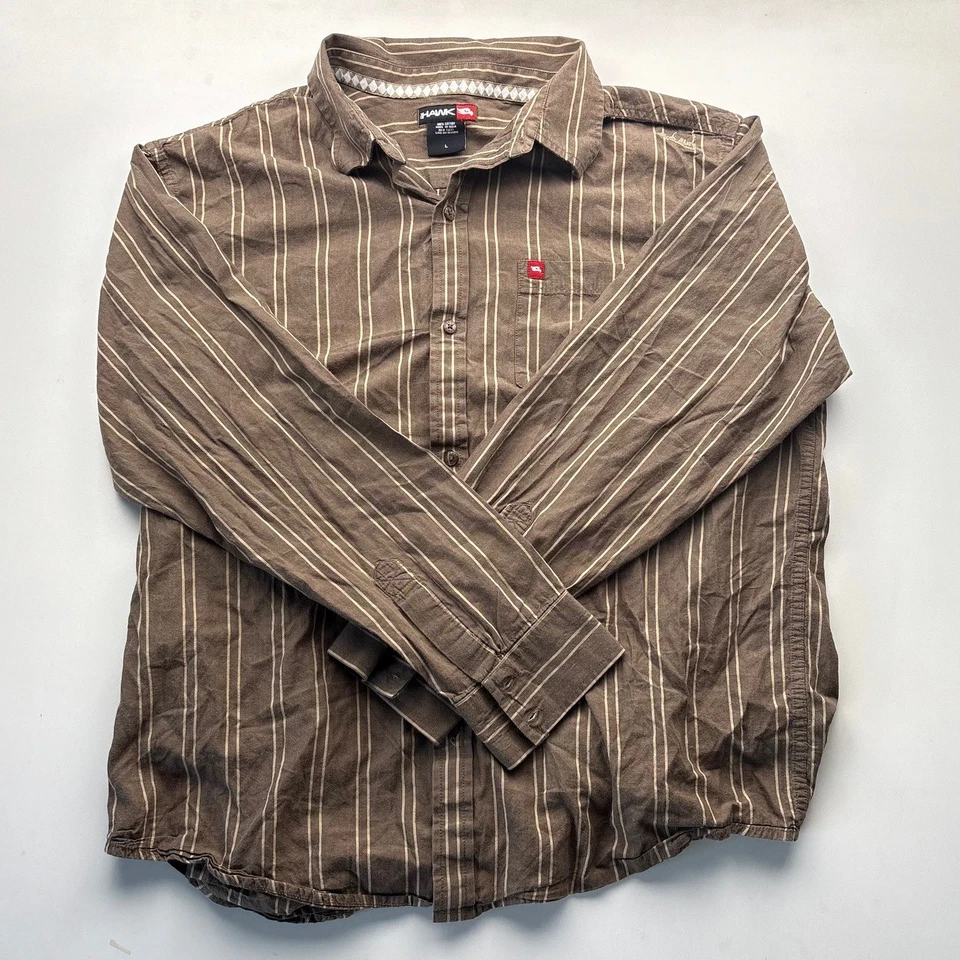 Tony Hawk Mens L Long Sleeve Button Up Shirt Striped Brown Men's Size L Casual - Image 1 of 4