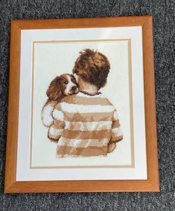 FRAMED COMPLETED CROSS STITCH : PUPPY & BOY: 36 x 30cm - Picture 1 of 1