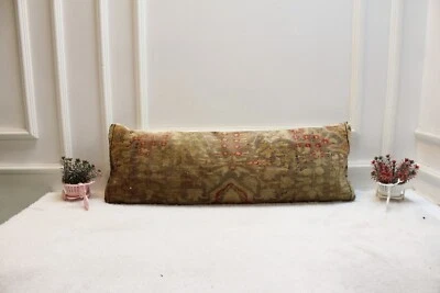 Vintage Turkish Rug Lumbar Pillow Cover Beige Brown Handmade Cushion 12x20 - Image 1 of 4